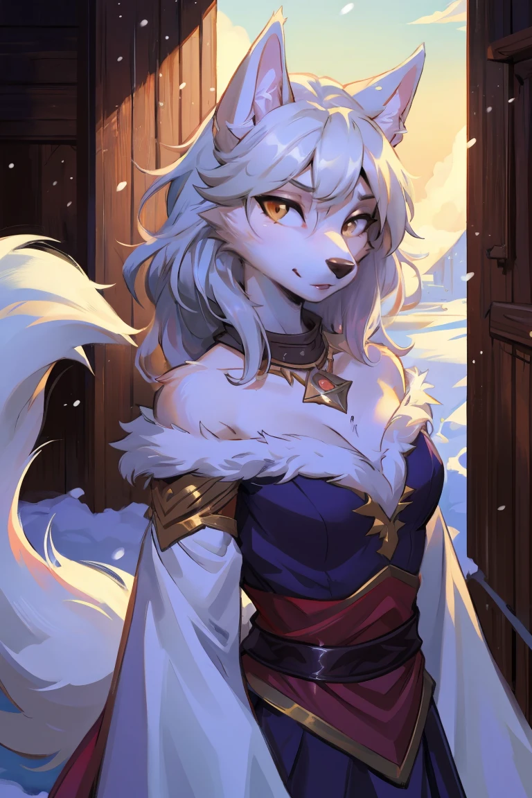 Top quality, best quality, High-quality illustrations, masterpiece, Ultra-high resolution, Detailed background, (Wolf_girl:1.2),Beautiful figure,Height 193 cm,close_up,(Fluffy anthropomorphic furry :1.6),curls,fur,Neck hair,Extremely fine fur,aldult, 33 years old, Mature, Solitary,Solitary,Snow-white wolf girl, High target, Mature,lol,Head tilt, 腼腆的微lol, Shy, No background, Dress up《Assassin&#39;s Creed》The Assassin, White+gold, XL Bust, Use wrist blade