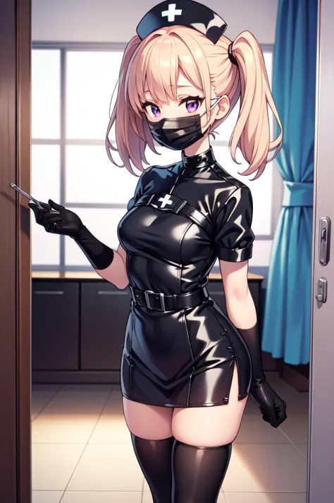 black nurse, 1girl, solo, black nurse cap, black nurse uniform, ((black legwear, zettai ryouiki)), black elbow gloves, twintails...