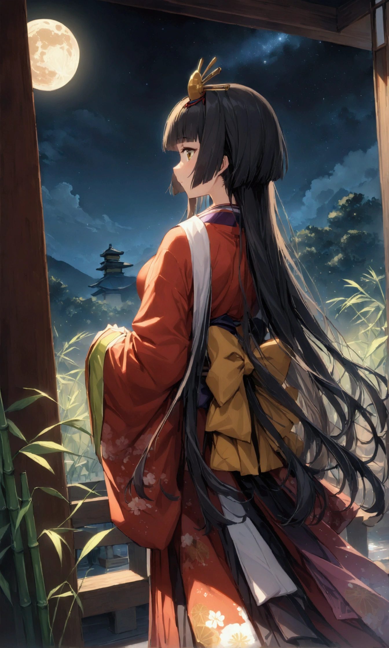 The World of Kaguyahime, (A girl looking fleetingly at the full moon in the distance:1.3), hinamatsuri ohinasama, (heian red:1.1) japanese clothes, wide sleeves, red (karaginumo:1.1), layered kimono, 1girl solo, beautiful detailed hair, black hair (hime cut:1.2) very long hair spread out, (masterpiece:1.2), best quality, high quality, ultra high res, (hyper detailed), absurdres, absolutely resolution, detailed details, detailed background, cinematic landscape, cinematic lighting, beautifully lit, starry sky, light particles, (bamboo thicket:1.1), (back view, standing), (extreme wide shot)