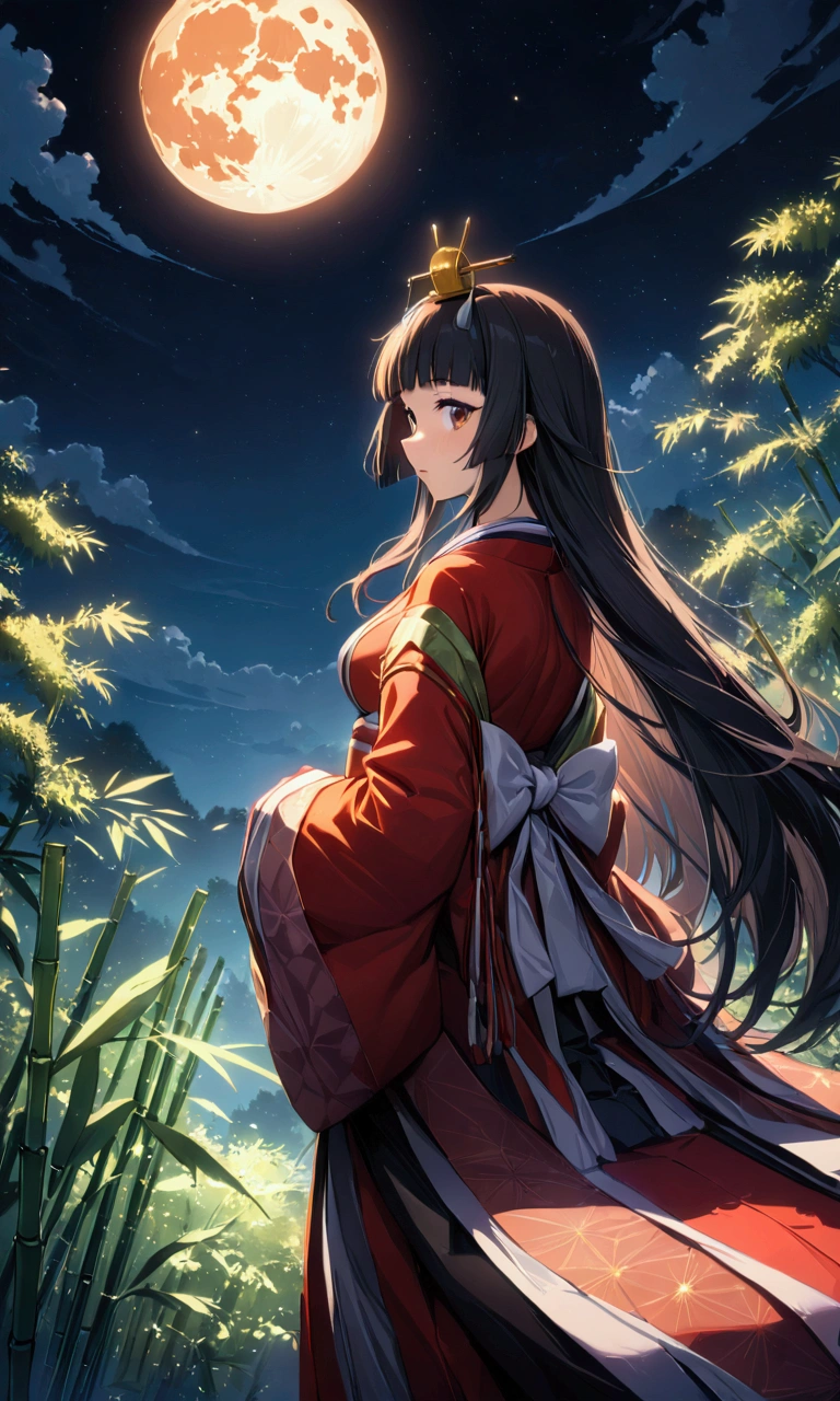 The World of Kaguyahime, (A girl looking fleetingly at the full moon in the distance:1.3), hinamatsuri ohinasama, (heian red:1.1) japanese clothes, wide sleeves, red (karaginumo:1.1), layered kimono, 1girl solo, beautiful detailed hair, black hair (hime cut:1.2) very long hair spread out, (masterpiece:1.2), best quality, high quality, ultra high res, (hyper detailed), absurdres, absolutely resolution, detailed details, detailed background, cinematic landscape, cinematic lighting, beautifully lit, starry sky, light particles, (bamboo thicket:1.1), (back view, standing), (extreme wide shot)