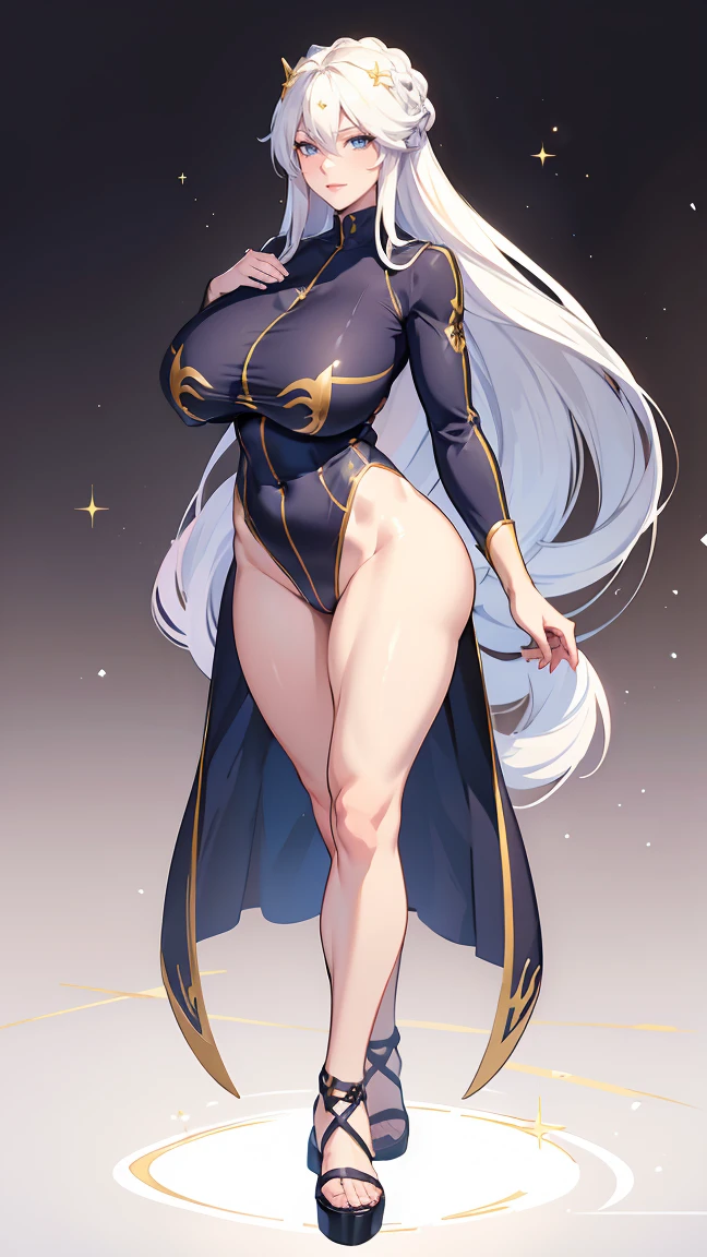 (masterpiece, HI quality: 1.1) 1girl full body standing good face, nice ass, hairstyle: braid, Color Hair: WHITE long hair, Blindfolded: NO EYES, Skin: White (porcelain skin, sparkly skin), muscular, thighs, Mature woman, Abs, looks at the viewer smiling, extremely huge breasts, maternal, chest cover with clothes (Yor Forger - Spy x Family)