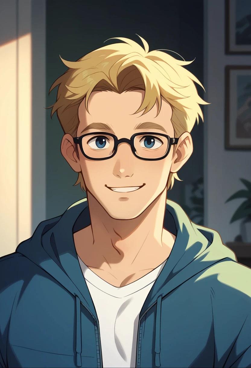 Human Male, Blonde hair , wearing blue zip  hoodie, wearing Glasses  , cute Smile  , white shirt 