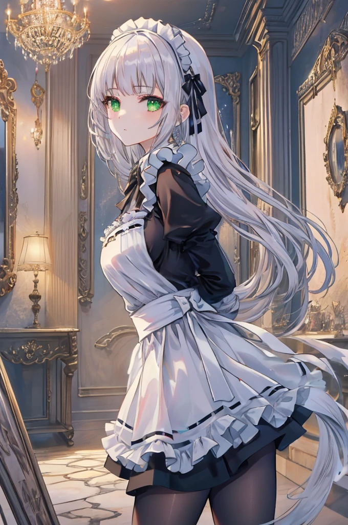 (masterpiece),(Highest quality:1.2),((Perfect Anatomy)),((Put your arms behind your back)),(1 girl),4K Anime,French maid costume,Long maid outfit,Silver Hair,Beautiful and detailed green eyes,Girl in maid outfit,Girl in a Gothic room, girl in tights,pretty girl, Attractive anime girl, Beautiful Anime Girls,(Look at me sideways),Pale skin,Ultra-realistic, Super detailed,CG 4K,Sharp Focus, Dramatic and realistic painting art,Cinema Lighting,Written boundary depth,Creates a dreamy and fantastical atmosphere