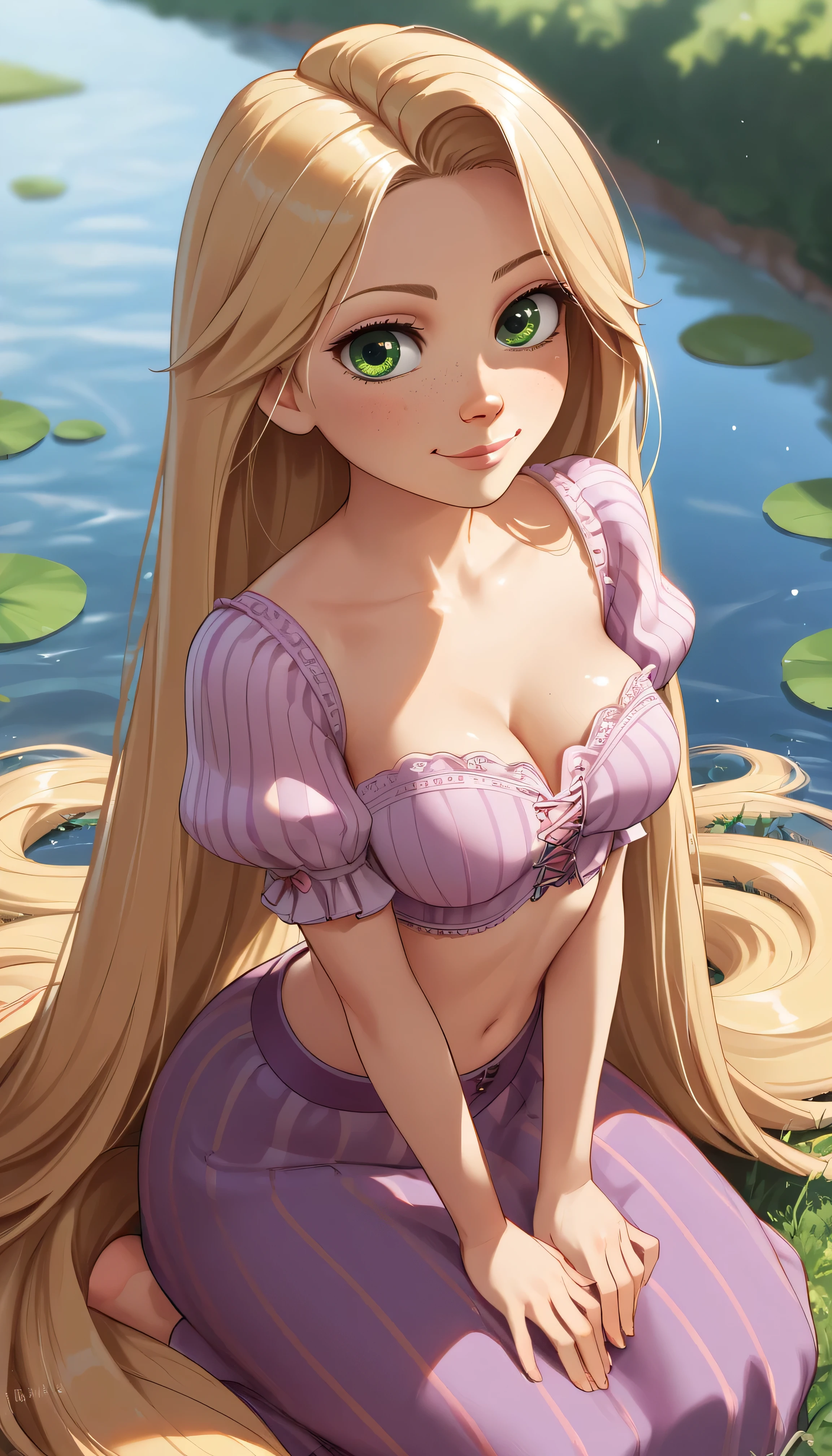 anime_source, (masterpiece), best quality, expressive eyes, perfect face, score_9, score_8_up, score_7_up, 1girl, absurdly long hair, blonde hair, rapunzel, medium breasts, green eyes,  lips, long hair, looking at viewer, solo, very long hair, freckles, rapunzel attire, bokeh, focused, motion blur, outdoors, river, midriff, navel, slight smile, closed mouth, long skirt, kneeling, view from above, breast press