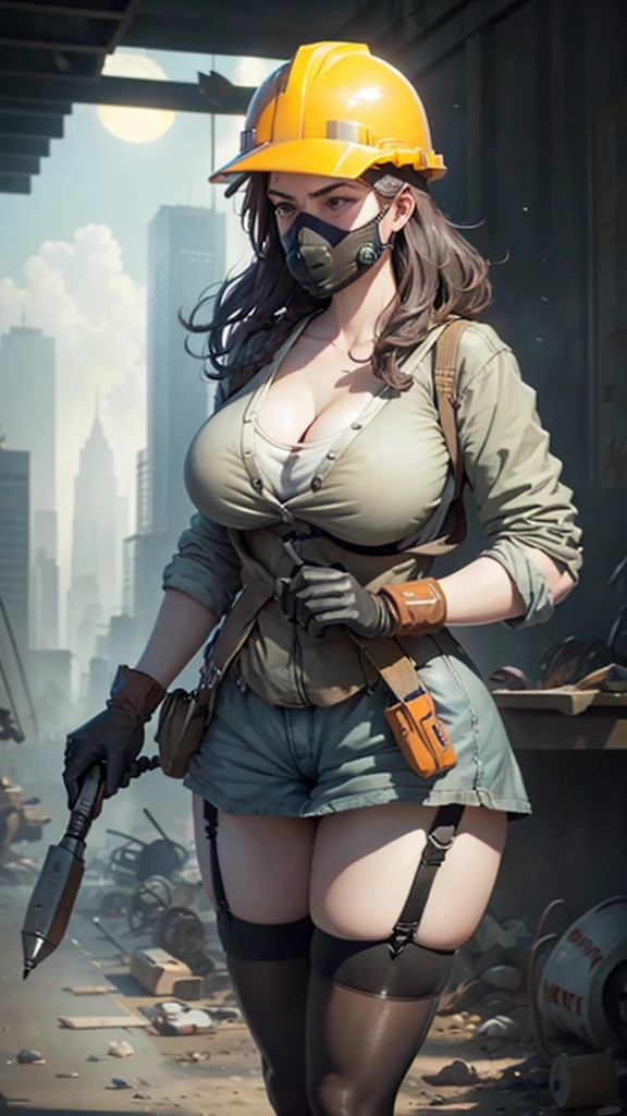 a busty girl，wearing the pantyhose and garter belt stockings and fishnet stockings，fleshy thigh ，thick thigh ，big round breasts，huge breasts ，perfect body；The sun blazes down on the construction site, bathing the entire scene in harsh, bright light and intense heat. Despite this, the female construction worker remains focused on her task, beads of sweat dotting her brow. The site is cluttered with building materials such as bricks, concrete, and steel bars. Around her rise half-completed skyscrapers, cranes moving slowly in the distance as workers toil at their respective posts. She wears a dark blue or gray coverall with multiple pockets, a sturdy safety helmet with a broad brim, and gloves to protect her hands from the roughness of tools and materials. Her feet are clad in robust work boots, and around her waist hangs a tool belt holding essential items like a hammer, screwdrivers, and a measuring tape.