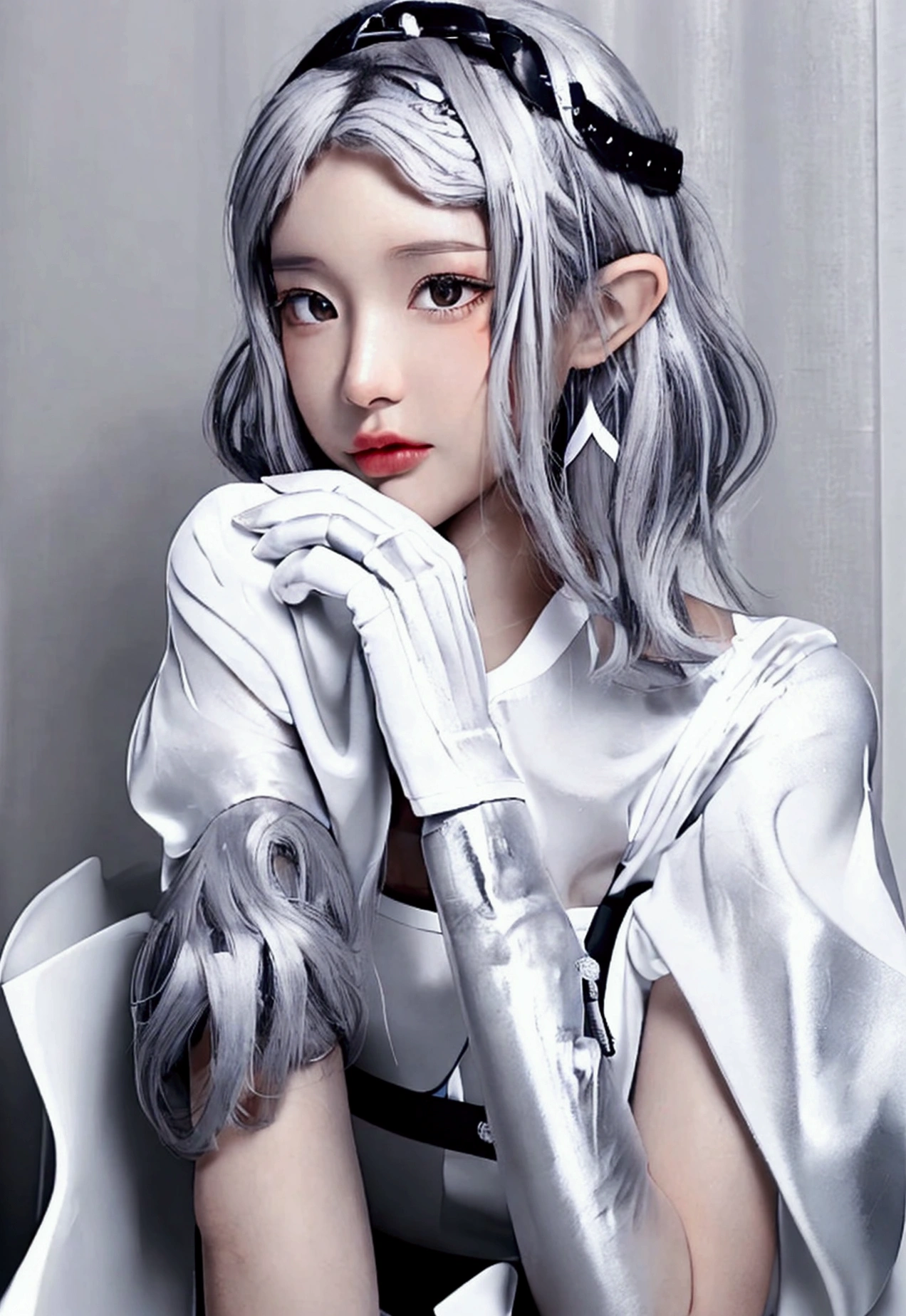 there is a woman with a white shirt and a black and white manicure, wearing silver hair, grey hair, silver hair, cloudy grey hair, with short hair, some grey hair, short grey hair, silver color, girl silver hair, ash blond greyish hair, girl with short white hair, flowy white grey hair, going gray, chrome bob haircut