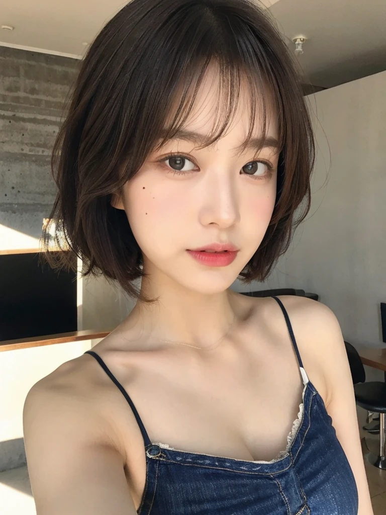 (top-quality、16K resolution)1 girl、solo、natural soft light、、A Japanese Lady、Cafe、 Looking at the camera、Light blue camisole 、Concrete background、Facing the front、is standing、bobhair、30year old、Light bangs、short-hair、Salon model、Natural look、bobcut、bob hair、short hair,Moles in the eyes、Big ole on nose