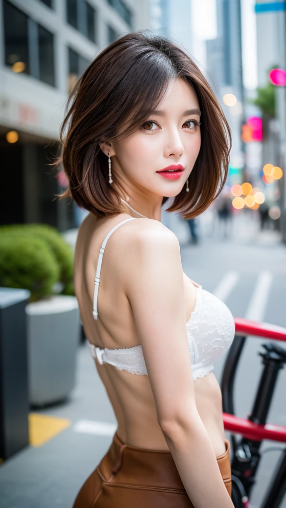 Highest quality, Face Focus, Soft Light, Ultra-high resolution, (Realistic:1.4), Mom Korean. 37 years old)). Slim Abs:1.2.. Makeup face. Red lipstick. (((Short brown hair))). ((I rode it a lot)). Show me your ears. In front of the camera. Ear texture. Ear hole details. Realistic. Close-up shot of an ear. From the thigh up. Shot from behind.Show me your ears. In front of the camera. Ear texture. Ear hole details. Realistic. Close-up shot of an ear. At close range. Shot from behind. (Shooting in the city),(White lace underwear),(Upper Body)、