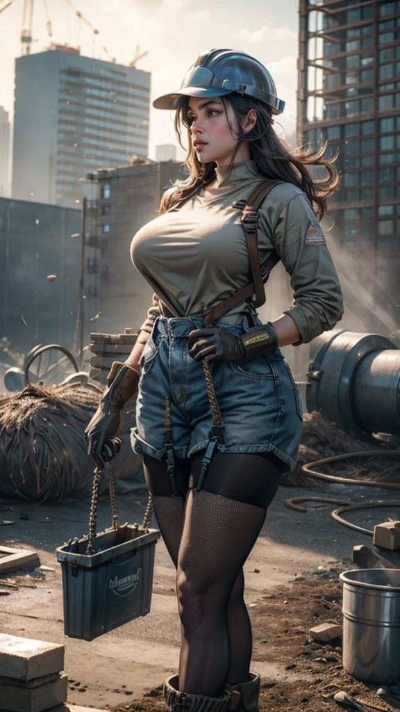 a busty girl，wearing the pantyhose and garter belt stockings and fishnet stockings，fleshy thigh ，thick thigh ，big round breasts，huge breasts ，perfect body；The sun blazes down on the construction site, bathing the entire scene in harsh, bright light and intense heat. Despite this, the female construction worker remains focused on her task, beads of sweat dotting her brow. The site is cluttered with building materials such as bricks, concrete, and steel bars. Around her rise half-completed skyscrapers, cranes moving slowly in the distance as workers toil at their respective posts. She wears a dark blue or gray coverall with multiple pockets, a sturdy safety helmet with a broad brim, and gloves to protect her hands from the roughness of tools and materials. Her feet are clad in robust work boots, and around her waist hangs a tool belt holding essential items like a hammer, screwdrivers, and a measuring tape.