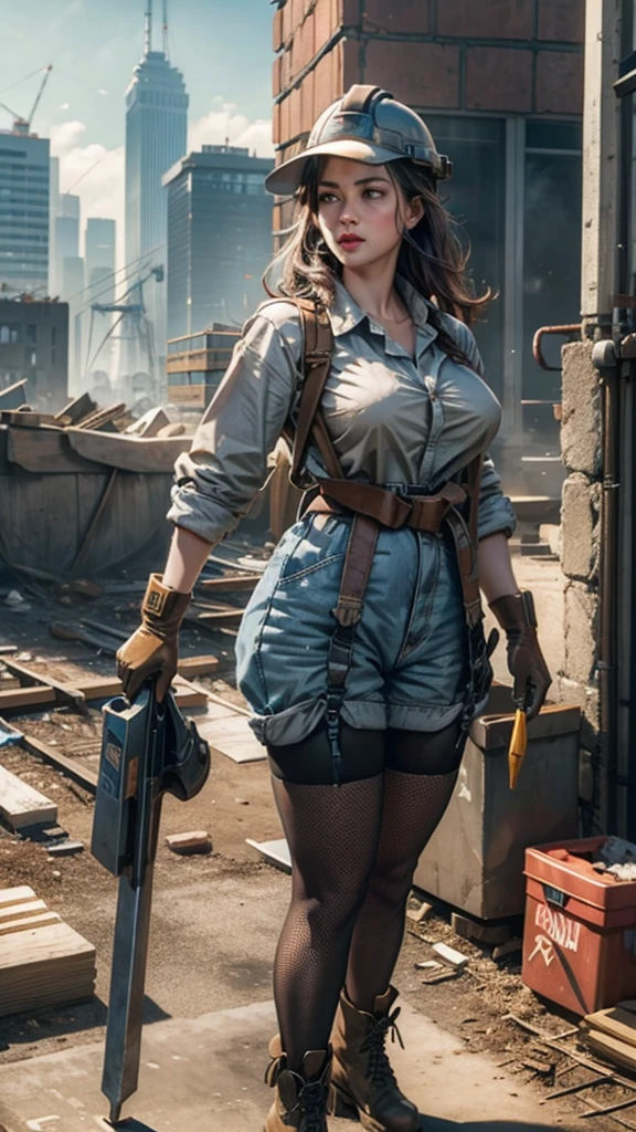 a busty girl，wearing the pantyhose and garter belt stockings and fishnet stockings，fleshy thigh ，thick thigh ，big round breasts，huge breasts ，perfect body；The sun blazes down on the construction site, bathing the entire scene in harsh, bright light and intense heat. Despite this, the female construction worker remains focused on her task, beads of sweat dotting her brow. The site is cluttered with building materials such as bricks, concrete, and steel bars. Around her rise half-completed skyscrapers, cranes moving slowly in the distance as workers toil at their respective posts. She wears a dark blue or gray coverall with multiple pockets, a sturdy safety helmet with a broad brim, and gloves to protect her hands from the roughness of tools and materials. Her feet are clad in robust work boots, and around her waist hangs a tool belt holding essential items like a hammer, screwdrivers, and a measuring tape.