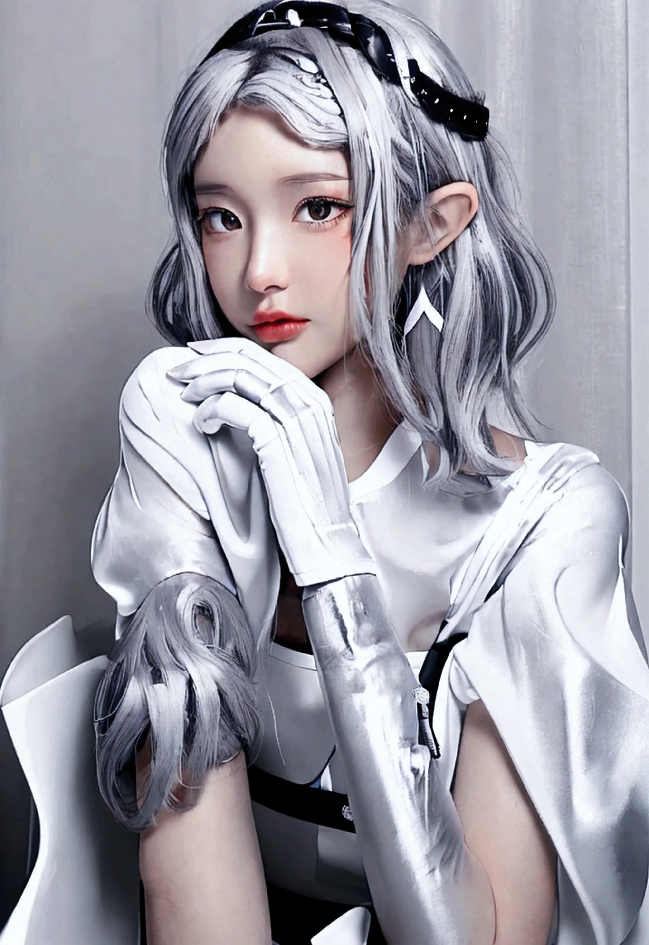 there is a woman with a white shirt and a black and white manicure, wearing silver hair, grey hair, silver hair, cloudy grey hair, with short hair, some grey hair, short grey hair, silver color, girl silver hair, ash blond greyish hair, girl with short white hair, flowy white grey hair, going gray, chrome bob haircut