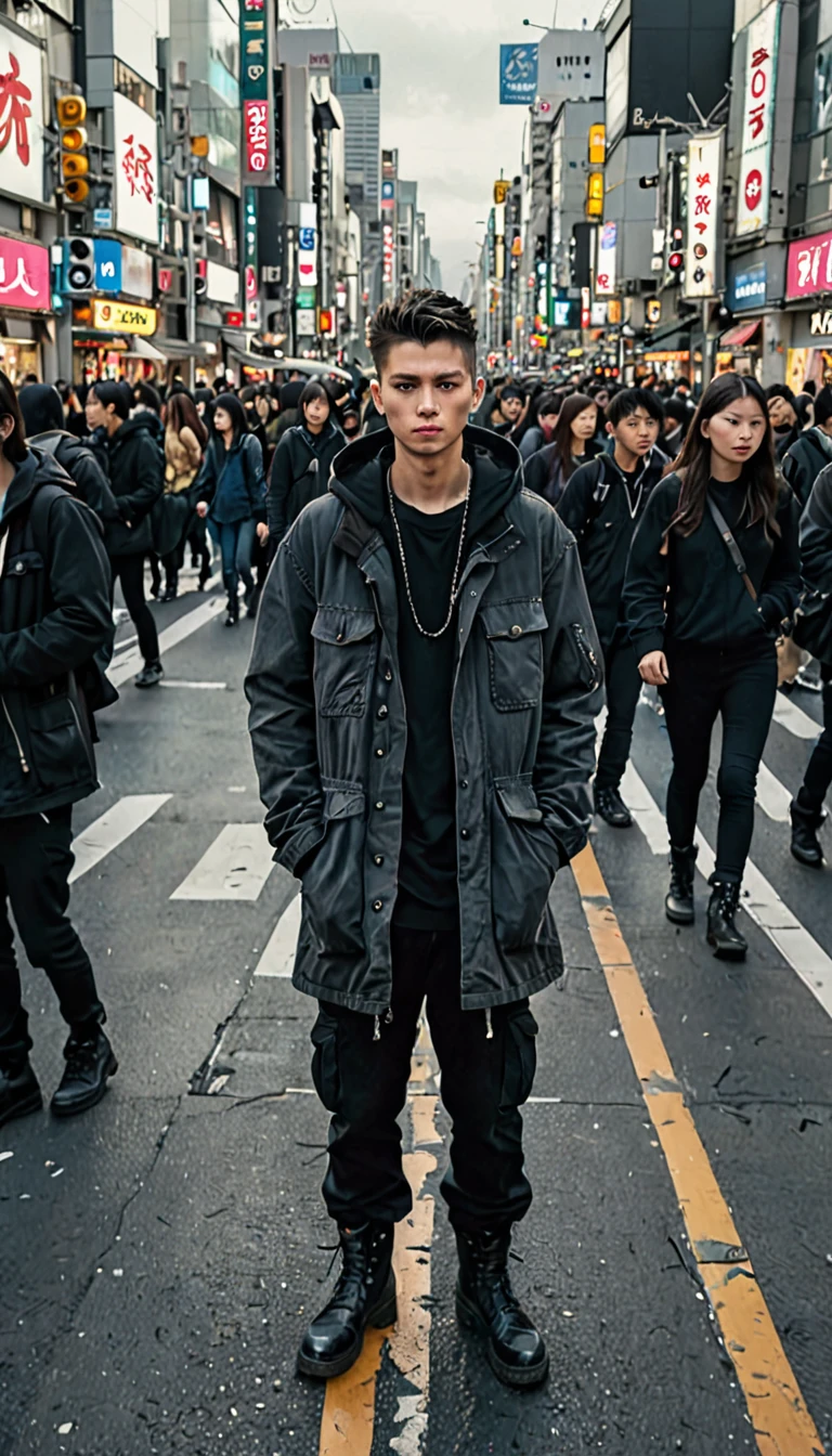 Extreme high angle photo shot, professional model, standard body height, (human to human ratio 1:1) standing on a crosswalk center inspired by Shibuya scramble, stare into the camera, wearing black washing safari long jacket with black hoodie, black cargo pants, dark grey boots, people with various color clothing, crowded street realistic photographs
