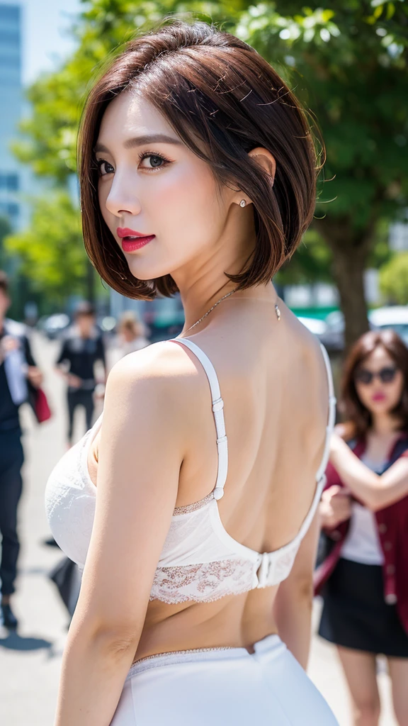 Highest quality, Face Focus, Soft Light, Ultra-high resolution, (Realistic:1.4), Mom Korean. 37 years old)). Slim Abs:1.2.. Makeup face. Red lipstick. (((Short brown hair))). ((I rode it a lot)). Show me your ears. In front of the camera. Ear texture. Ear hole details. Realistic. Close-up shot of an ear. From the thigh up. Shot from behind.Show me your ears. In front of the camera. Ear texture. Ear hole details. Realistic. Close-up shot of an ear. At close range. Shot from behind. (Shooting in the city),(White lace underwear),(Upper Body)、Geometrically correct,