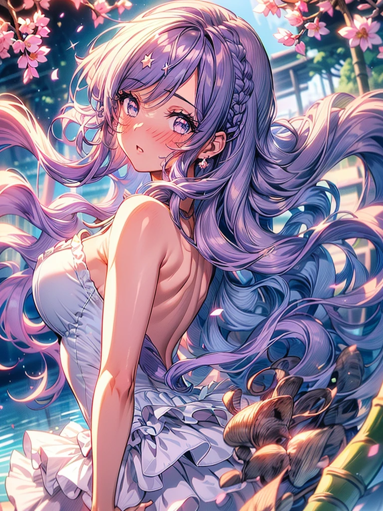 mature woman, 1girl, (masterpiece, best quality, extremely detailed), sharp focus, detailed face, face focus, extremely detailed eyes, long hair, crown braid, hair over the shoulders, (purple hair: 1.3), purple eyes, (sparkling eyes: 1.2), long eyelashes, (strong blush, drunk: 1.2), delicate makeup, big breasts, ((pink and white complicated dress, bare shoulders, décolleté)), ((dusk, holding diamond shard, discovery, bamboo shoots background, grass, green particles around, calm lake, cherry blossom background, breeze)), cinematic lighting, edge lightning, ray tracing, shading, dynamic angle, full-length image, walks, mermaid,