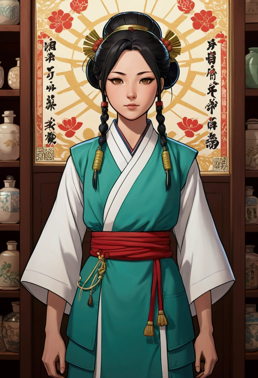 A character in the art style of the anime called "the apothecary diaries" with mao mao. She is a fighter, but wears traditional clothes (2d) (copy the anime art style)