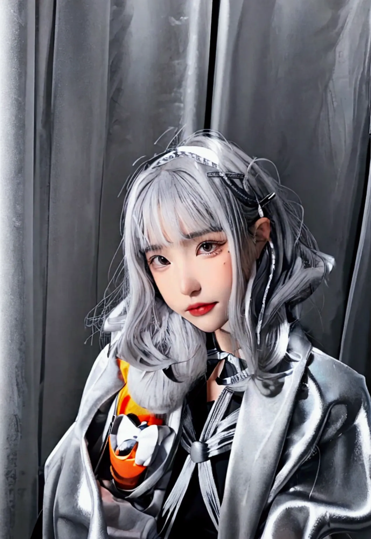 there is a woman with a orange coat, wearing silver hair, grey hair, silver hair, cloudy grey hair, with short hair, some grey h...