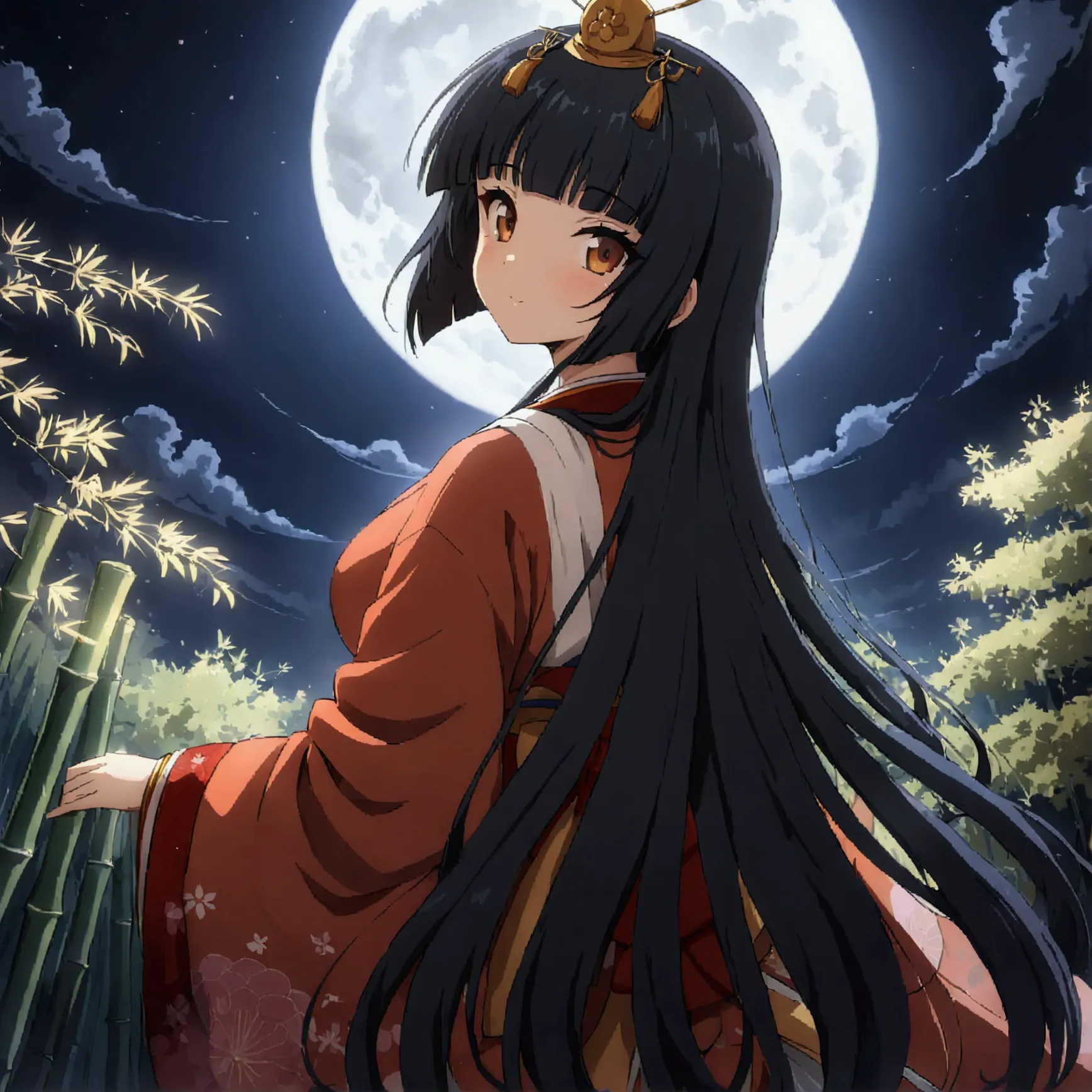 sli artstyle, the world of kaguyahime, (a girl looking fleetingly at the full moon in the distance:1.3), hinamatsuri ohinasama, ...