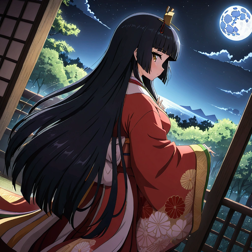 sli artstyle, The World of Kaguyahime, (A girl looking fleetingly at the full moon in the distance:1.3), hinamatsuri ohinasama, (heian red:1.1) japanese clothes, wide sleeves, red (karaginumo:1.1), layered kimono, 1girl solo, beautiful detailed hair, black hair (hime cut:1.2) very long hair spread out, (masterpiece:1.2), best quality, high quality, ultra high res, hyper detailed, absurdres, absolutely resolution, detailed details, (ultra wide angle:1.1), moonlight, starry sky, (bamboo thicket:1.1), (back view, standing), beautifully, aesthetic,