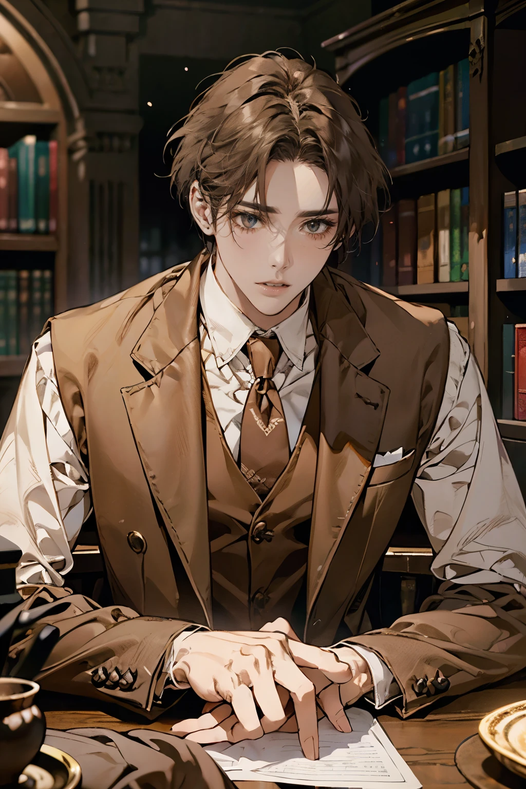 (Masterpiece artwork, high resolution, ultra detali:1.0), (1 young boy, young male), Eyes looking at the camera, perfect male body, extremely detailed CG, 8 k wallpaper, Complicated Details, just people, face detailed,(chestnut hair, eyes browns, white  shirt, brown overcoat,brown suit vest, cups, shadowy face, Sit in front of the laptop, Behind her is a large bookshelf, sitting at the work table, I was in the workroom), Color difference, Depth of field, dramatic shadow, ray tracing, best qualityer, cinematic lighting, Dark lighting of the room, offcial art