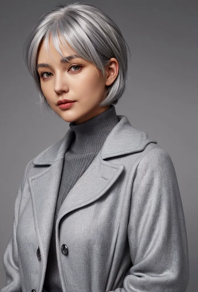 there is a woman with a orange coat, wearing silver hair, grey hair, silver hair, cloudy grey hair, with short hair, some grey h...