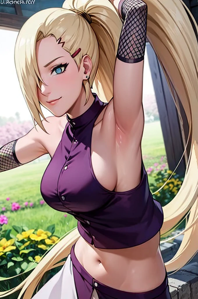 (Purple clothes), Ino yamanaka, (ultra detailed face:1.4), ultra detailed hair, looking at the viewer, (biceps:0.8), bare shoulders, (ultra detailed arms:1.2),  groin, cowboy shot, ultra detailed face, (ultra detailed body:1.3), sunny day, day time, shiny skin, upper body view, anime style, solo, detailed flower field, blonde, (focus on body), ((one eye covered with hair, hair over eye, ponytail)), (medium breasts:1.0), belly button, looking at the viewer, thick arms, (off-shoulders, wide shoulders, curving body), hidden eye, smile, closed mouth, one hair clip, very happy, tall, sharp look, sharp face, sharp eye, cold colors,
