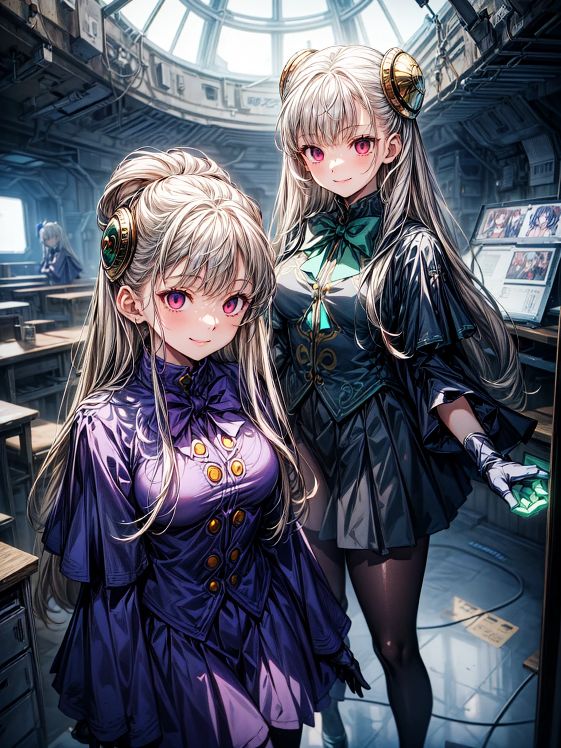 12k,(masterpiece、Highest quality、High resolution)、(Inside the futuristic base:1.6),1 Girl、alone、Ingrid、Hair Pod、gloves、skirt、pantyhose、bow、dress、 eye、(Wicked Smile:1.4)、(Anime Style:1.4)、Evil Bosses、,empty eyes,Mind Control Devices, T, (Enamel Collar:1.4)、full body,