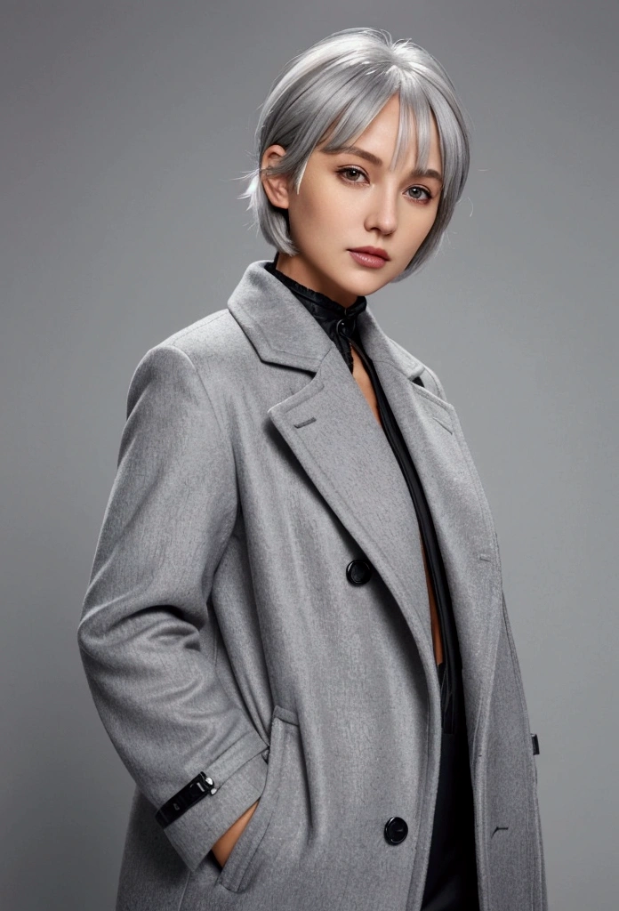 there is a woman with wearing orange coat, wearing silver hair, grey hair, silver hair, cloudy grey hair, with short hair, some grey hair, short grey hair, silver color, girl silver hair, ash blond greyish hair, girl with short white hair, flowy white grey hair, going gray, chrome bob haircut