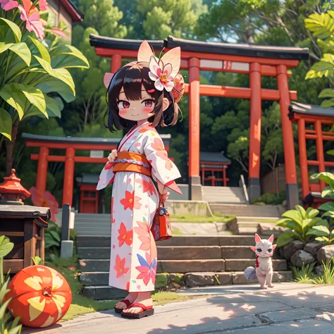 photoRealstic、Japan shrine in the background、３Year old girl、Wearing a kimono to celebrate Shichi-Go-San、Traditional events of Ja...