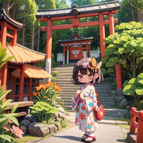 photoRealstic、Japan shrine in the background、３Year old girl、Wearing a kimono to celebrate Shichi-Go-San、Traditional events of Ja...