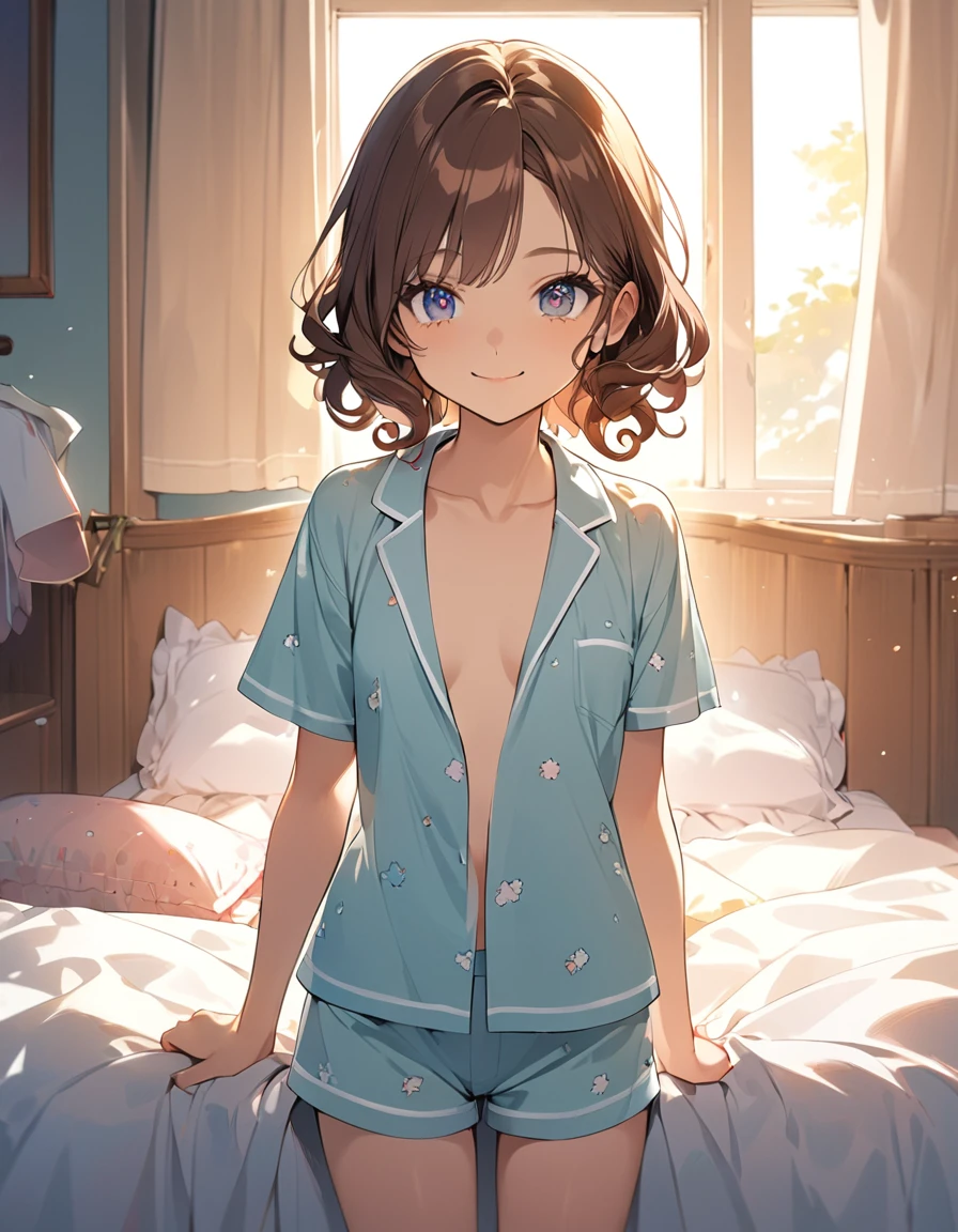 (Top quality illustrations:1.2), (pretty girl:1.1), (1 girl、17 years old、Top quality illustrations:1.2), (1 girl、smile、Small breasts、Highly detailed eyes:1.2)、Brown Hair、short hair、Wavy Hair、Curly Hair、Low Twintails、(Plain pajamas、Short sleeve、open shirt, Good, Shorts) 、Cowboy Shot、Morning bedroom、On the bed
