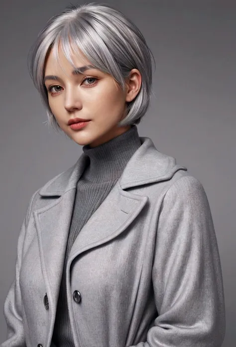 there is a woman with a orange coat, wearing silver hair, grey hair, silver hair, cloudy grey hair, with short hair, some grey h...