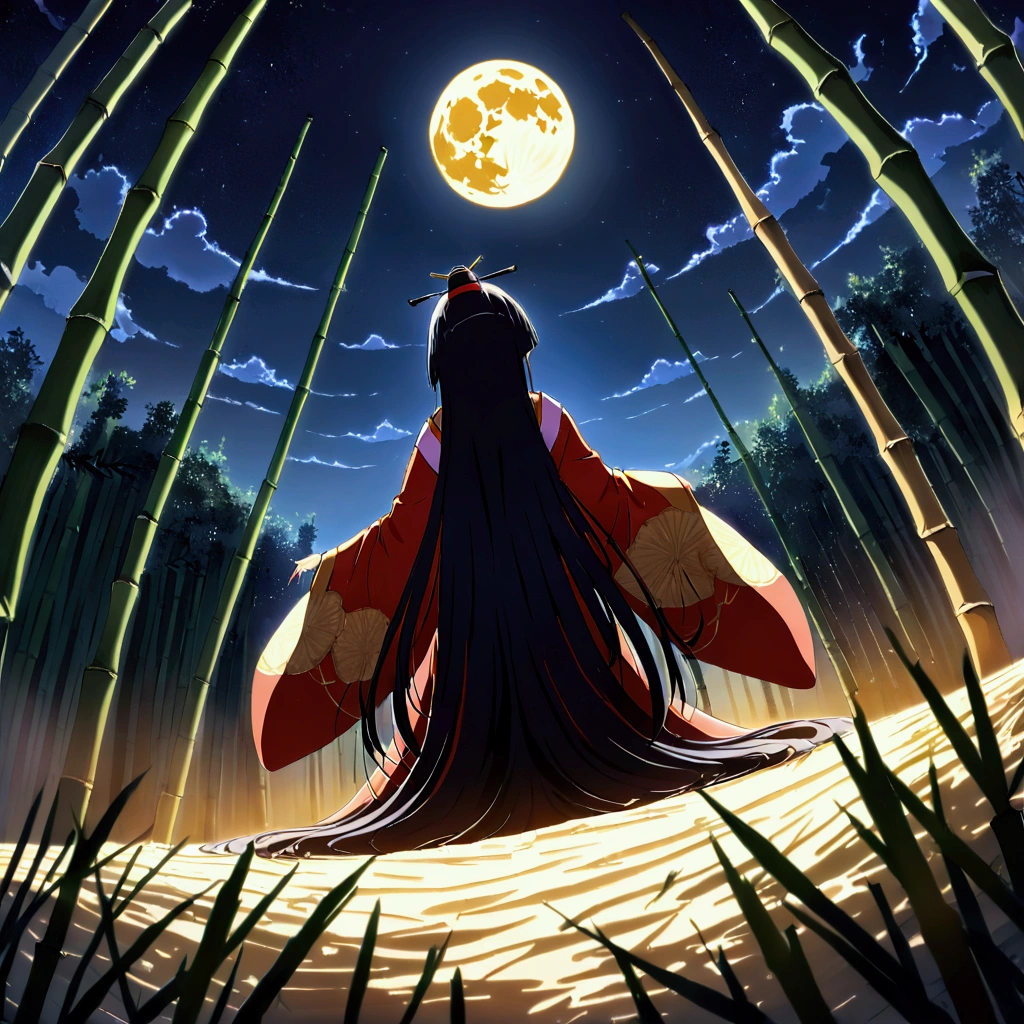 sli artstyle, The World of Kaguyahime, (looking up at the full moon in a bamboo grove:1.3), hinamatsuri ohinasama, (heian red:1.1) japanese clothes, wide sleeves, red (karaginumo:1.1), layered kimono, 1girl solo, beautiful detailed hair, black hair (hime cut:1.2) very long hair spread out, (masterpiece:1.2), best quality, high quality, ultra high res, hyper detailed, absurdres, absolutely resolution, detailed details, (ultra wide angle:1.3), moonlight, starry sky, (bamboo thicket:1.1), (back view), beautifully, aesthetic, silhouette art, 