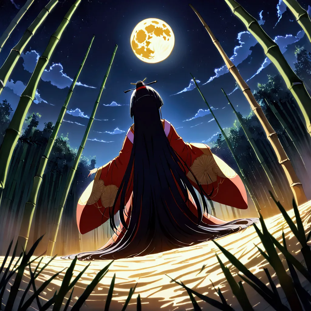 sli artstyle, the world of kaguyahime, (looking up at the full moon in a bamboo grove:1.3), hinamatsuri ohinasama, (heian red:1....