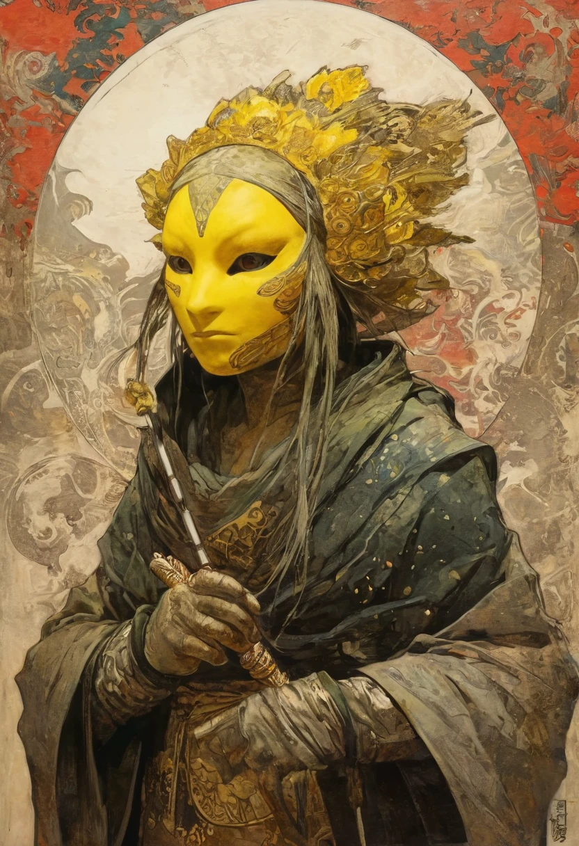 by Tsutomu Nihei,(seltsam aber unglaublich schön:1.4),(Meisterwerk, beste Qualität:1.4),im Stil von Nicola Samori,Teenage Mutant Ninja Turtles Jennika, weiblich, gelbe Maske,Ukiyo-e-Kunst,Alphonse Mucha Style Seite