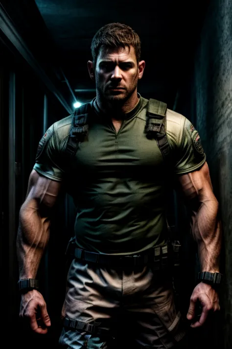 1 man, solo, 35 year old, Chris Redfield, wearing a green T-shirt, serious face, looking at the camera, white color on the shoul...