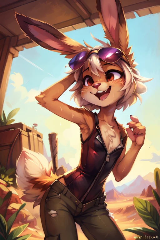 by kenket, by Zackary911, by hyattlen, by teranen, by fumiko, by Pixelsketcher, by Bayard Wu, by Einshelm, by Kilinah, by Hioshiru, by fluff-kevlar, by Dimwitdog, Furry, Anthro, solo, ((bunny)), ((female)), ((slender)), ((young)), ((fluffy tail)), floppy ears, ears down, short white hair, small breasts, short bunny tail, leotard, crotch zipper, unzipped, chest fluff, erotic, desert, dirty, sweaty, sunglasses on head, ribs, playful, laughing,
