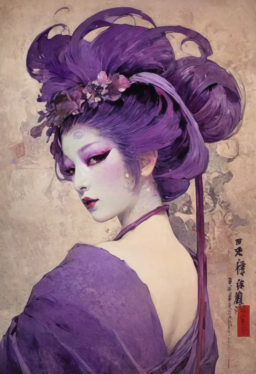 Par Tsutomu Nihei,(étrange mais extrêmement beau:1.4),(chef-d&#39;œuvre, Meilleure qualité:1.4),à la manière de Nicolas Samori,Queue de cheval violette, femelle, masque sexy violet,Art Ukiyo-e,Page de style d&#39;Alphonse Mucha