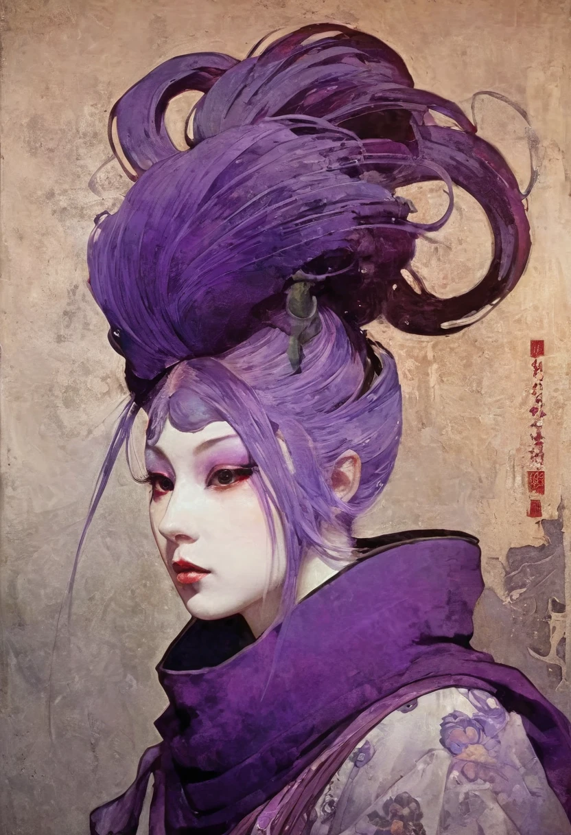 Par Tsutomu Nihei,(étrange mais extrêmement beau:1.4),(chef-d&#39;œuvre, Meilleure qualité:1.4),à la manière de Nicolas Samori,Queue de cheval violette, femelle, masque sexy violet,Art Ukiyo-e,Page de style d&#39;Alphonse Mucha