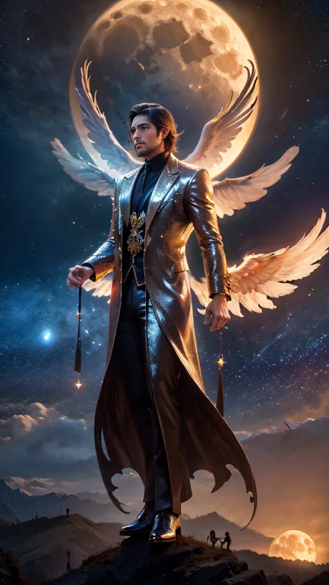 a male 35 year old angel, shiny coat, with thousands massive wings, with a full moon in the background, divine art, 200 feet tal...