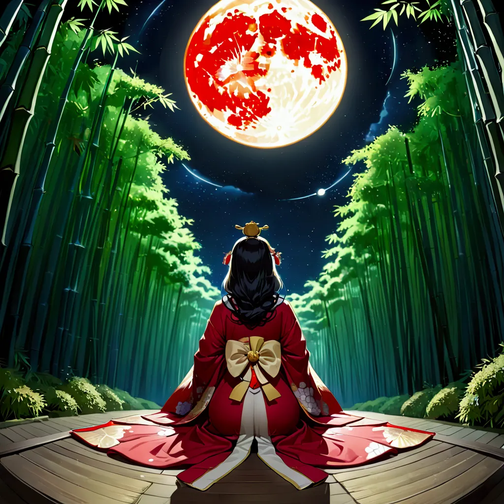 the world of kaguyahime, (looking up at the full moon in a bamboo grove:1.3), hinamatsuri ohinasama, (heian red:1.1) japanese cl...