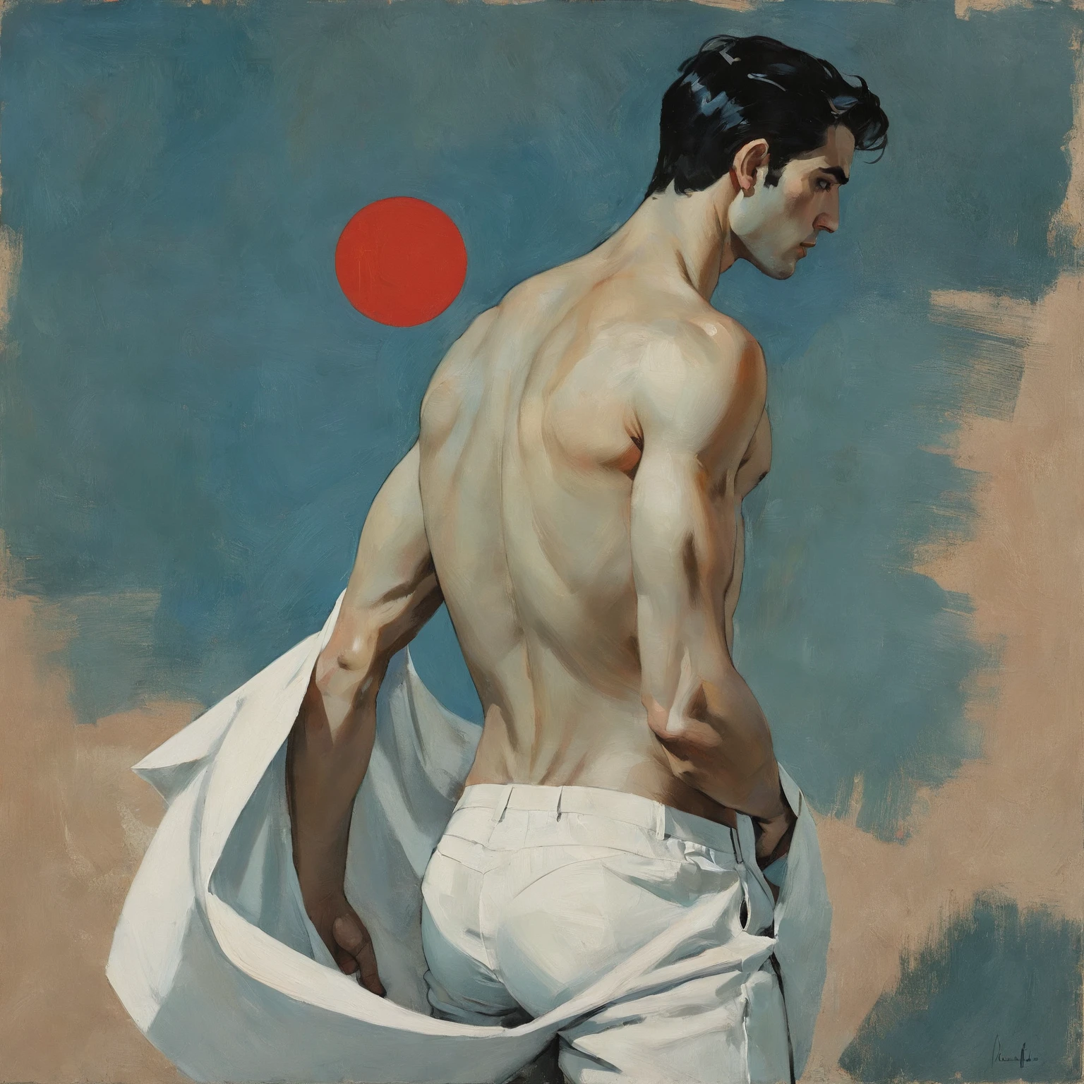 chiaroscuro technique on sensual illustration of an arafed man in white underwear, sexy masculine, diego fazio, male model, by Ludovit Fulla, model with attractive body, inspired by Ludovit Fulla, mid-shot of a hunky, the model draped in flowing, thick oil painting by Harumi Hironaka, extremely soft colors, vibrant, highly detailed, malcolm liepke painting, oil on canvas, high contrast, dramatic, refined, tonal, Create high contrast between light and shadow fire around, there is a red circle on a blue and red square, inspired by Bauhaus, in a shapes background, brown red blue, circle forms, red blue, by Leon Polk Smith, memphis abstract minimal art, graphic shapes, minimal art, blue and red, minimal art style, bauhaus art, inspired by El Lissitzky, bold simple shapes