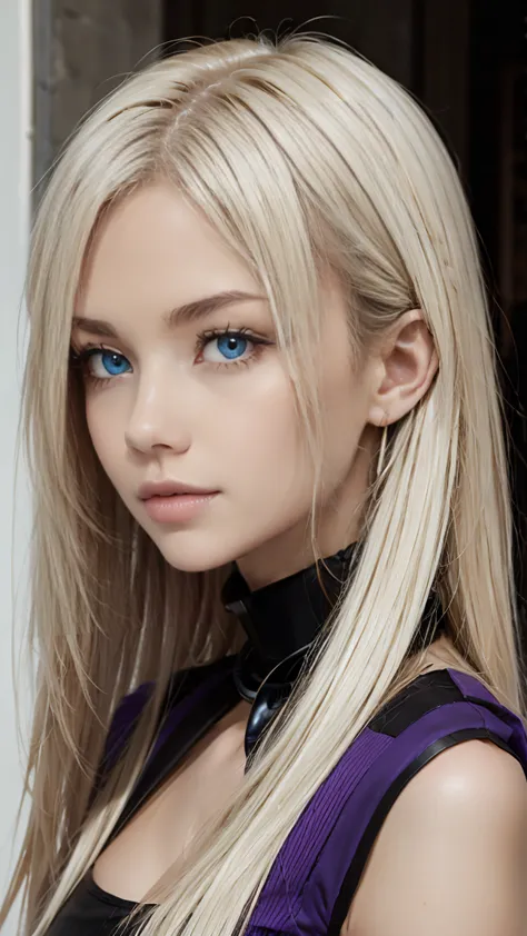 22 year old white female、hair color is a gradation of blonde and purple、blue eyes、long hair、straight hair、setting hair、accessori...