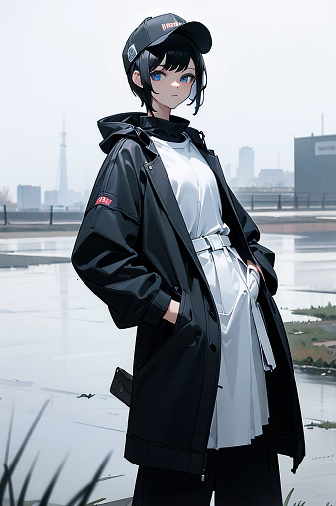 (((masterpiece, figure, Highest quality))), One girl, alone, blue eyes, ((Highly detailed eyes)), View, ((short hair)), ((Black Hair)), Are standing, ((Baseball cap)), White Hat, Black jacket, (Closed Sweater), ((landscape:White Background)), Black socks, ((Black Shirt)), Perfect body, Upper Body Shot, (Mouth closed), , ((Put your hands in your pockets)), Waterproof jacket, White Skirt, Hooded jacket, 