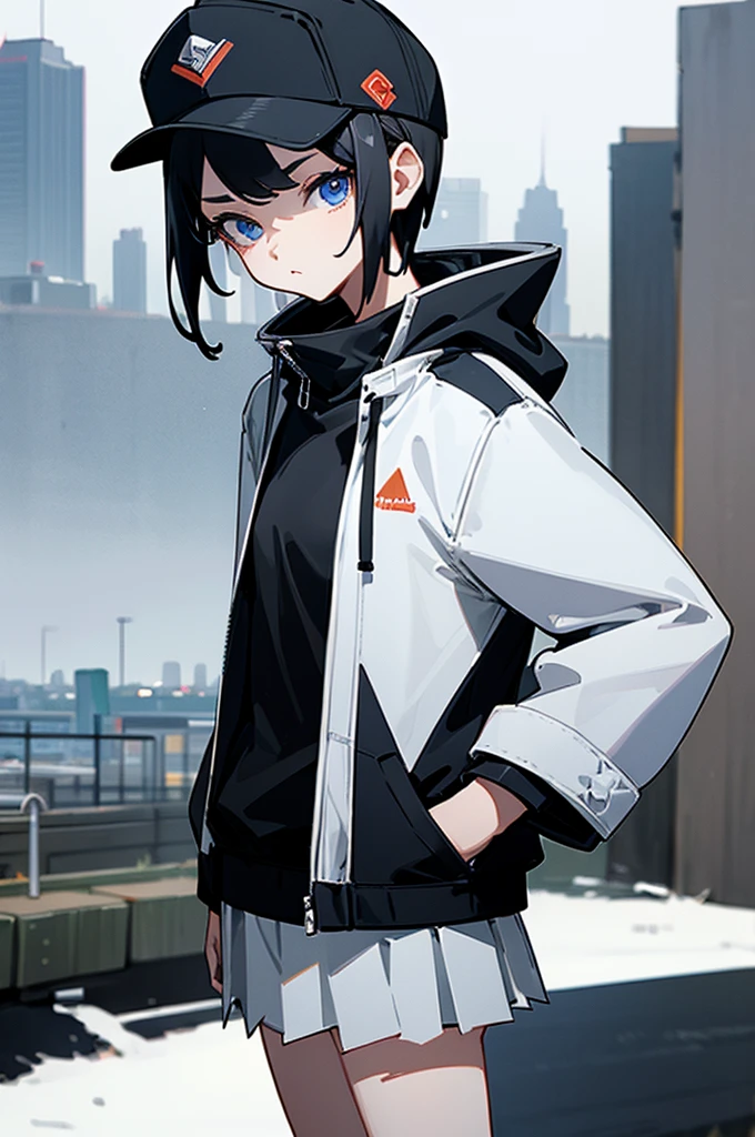 (((masterpiece, figure, Highest quality))), One girl, alone, blue eyes, ((Highly detailed eyes)), View, ((short hair)), ((Black Hair)), Are standing, ((Baseball cap)), White Hat, Black jacket, (Closed Sweater), ((landscape:White Background)), Black socks, ((Black Shirt)), Perfect body, Upper Body Shot, (Mouth closed), , ((Put your hands in your pockets)), Waterproof jacket, White Skirt, Hooded jacket, 