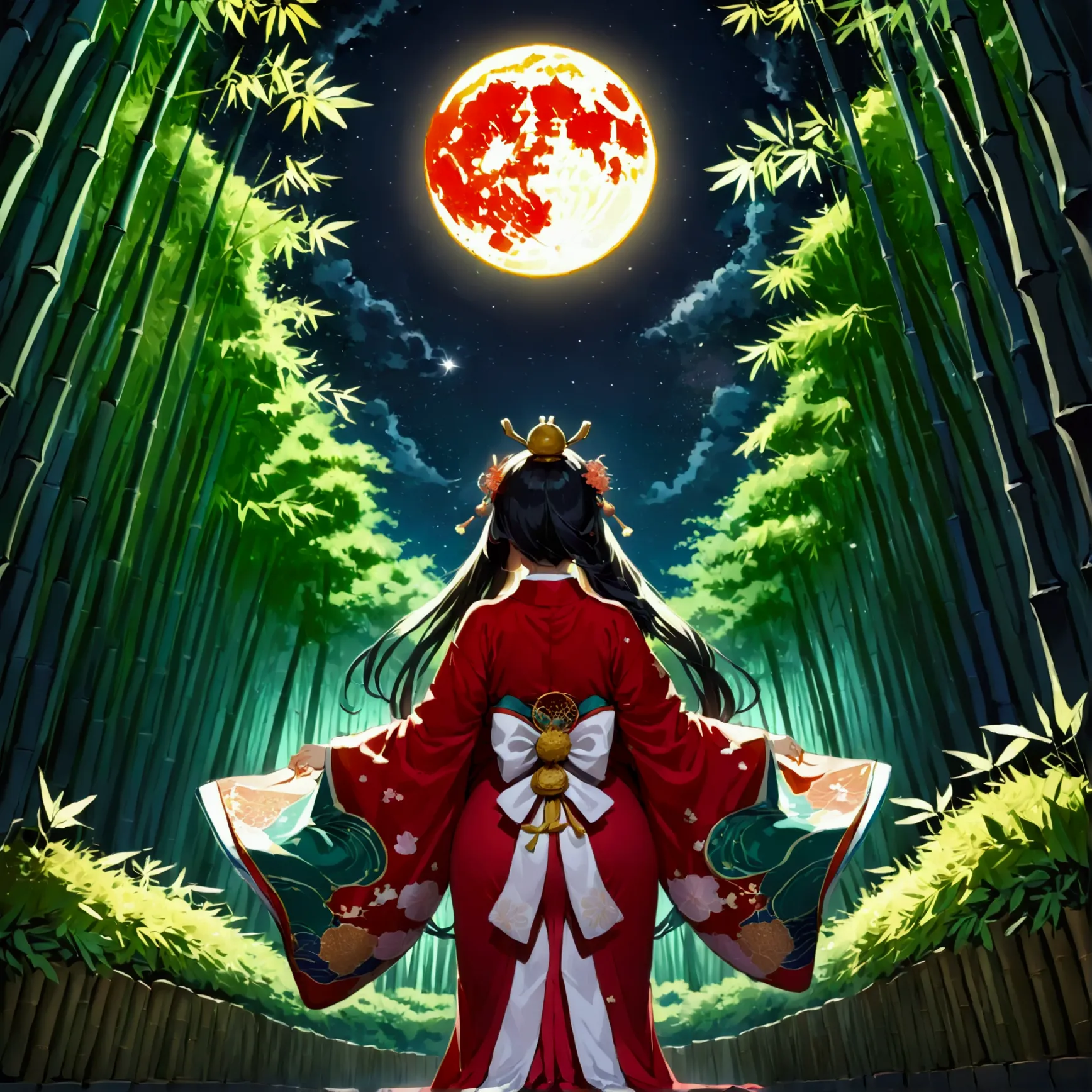 the world of kaguyahime, (looking up at the full moon in a bamboo grove:1.3), hinamatsuri ohinasama, (heian red:1.1) japanese cl...