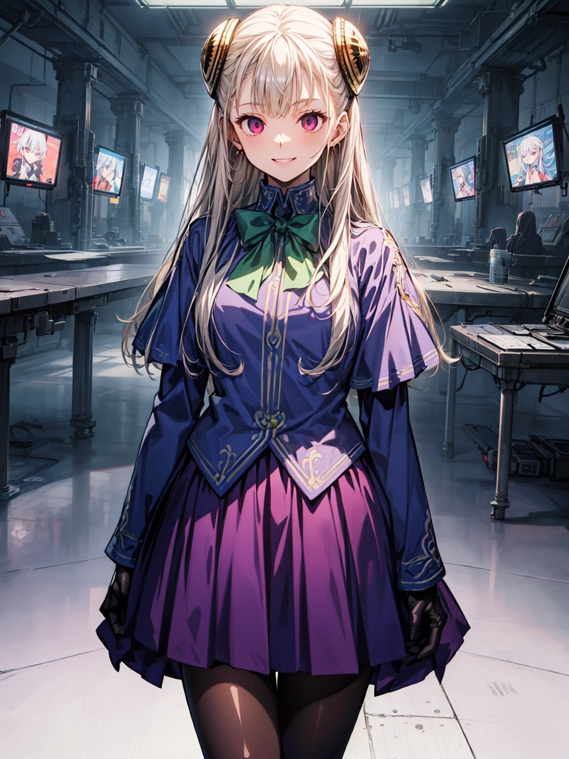 12k,(masterpiece、Highest quality、High resolution)、(Inside the futuristic base:1.6),1 Girl、alone、Ingrid、Hair Pod、gloves、skirt、pantyhose、bow、dress、 eye、(Wicked Smile:1.4)、(Anime Style:1.4)、Evil Bosses、,empty eyes,Mind Control Devices, T, (Enamel Collar:1.4)、full body,