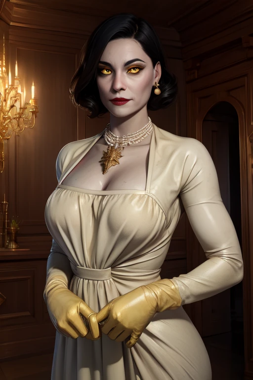 Alcina,yellow  eyes,Bblack hair,shorth hair,
white dress with flower,ha,single earring,neckleace,necklase,black gloves,
trunk,brooch,
gazing at viewer,ssmile,
castle,Inside the house,natta,
(incredibily detailed, beautifull detailed face, beautiful detailed eyes, work of art, best qualityer),standing alone,