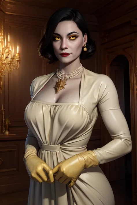 Alcina,yellow  eyes,Bblack hair,shorth hair,
white dress with flower,ha,single earring,neckleace,necklase,black gloves,
trunk,br...