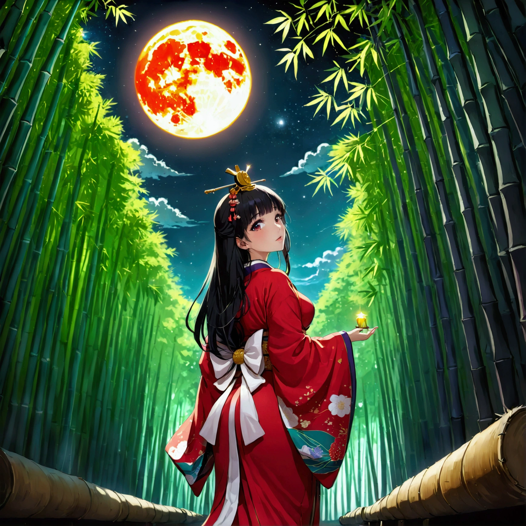 sli artstyle, The World of Kaguyahime, (looking up at the full moon in a bamboo grove:1.3), hinamatsuri ohinasama, (heian red:1.1) japanese clothes, wide sleeves, red (karaginumo:1.1), layered kimono, 1girl solo, beautiful detailed hair, black hair (hime cut:1.2) very long hair spread out, (masterpiece:1.2), best quality, high quality, ultra high res, hyper detailed, absurdres, absolutely resolution, detailed details, cinematic landscape, cinematic lighting, (ultra wide angle:1.3), moonlight, starry sky, (bamboo thicket:1.1), (back view, standing), beautifully, aesthetic, silhouette art,