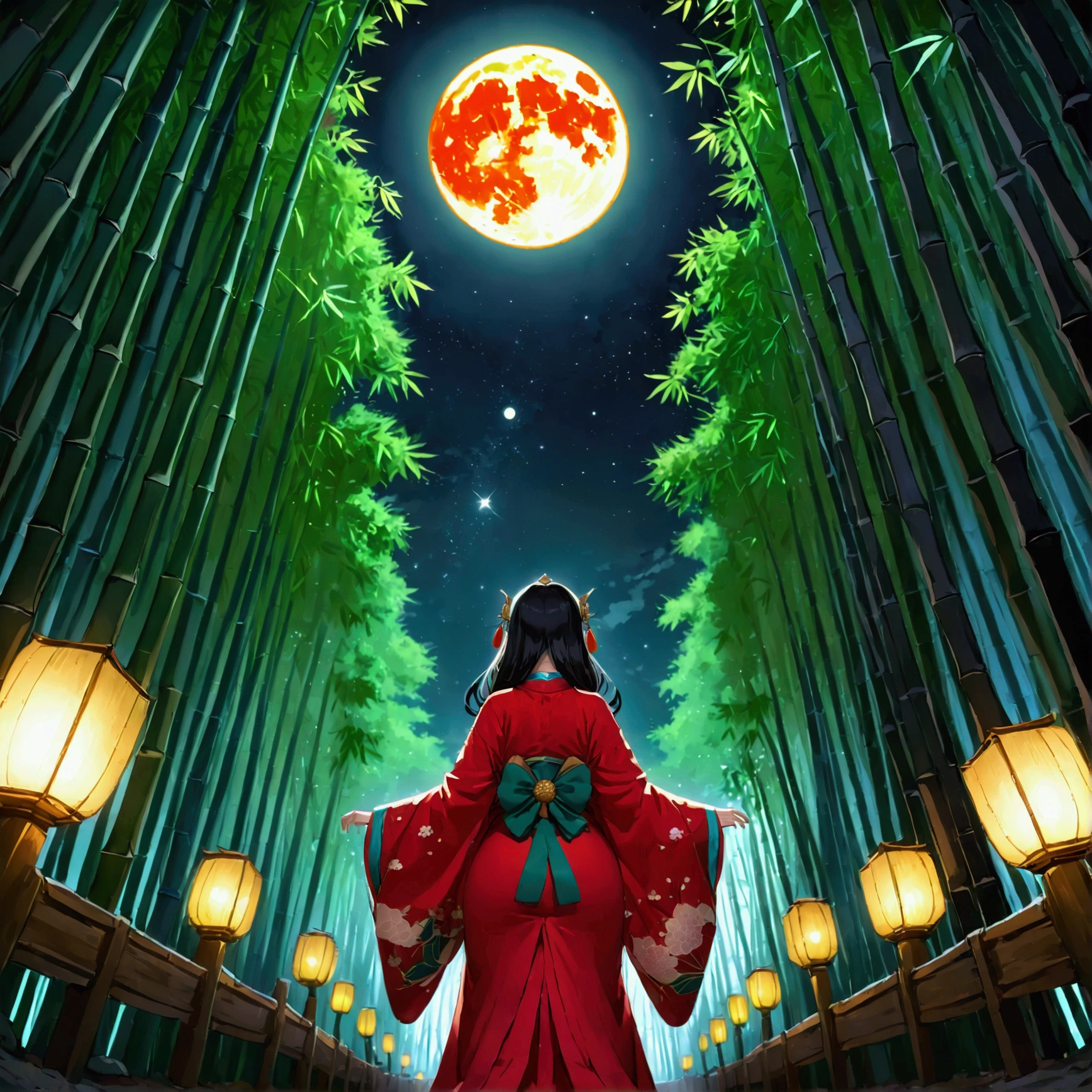 sli artstyle, The World of Kaguyahime, (looking up at the full moon in a bamboo grove:1.3), hinamatsuri ohinasama, (heian red:1.1) japanese clothes, wide sleeves, red (karaginumo:1.1), layered kimono, 1girl solo, beautiful detailed hair, black hair (hime cut:1.2) very long hair spread out, (masterpiece:1.2), best quality, high quality, ultra high res, hyper detailed, absurdres, absolutely resolution, detailed details, cinematic landscape, cinematic lighting, (ultra wide angle:1.3), moonlight, starry sky, (bamboo thicket:1.1), (back view, standing), beautifully, aesthetic, silhouette art,